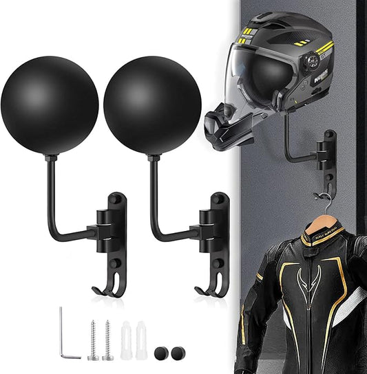 Kikerike Motorcycle Helmet Rack Wall Mount 180 Degree Rotation Metal Bike Helmet Holder Bicycle Helmet Display Stand with 2 Hooks for Motorcycle Bike Baseball Rugby Helmets - Black, 2 Pcs