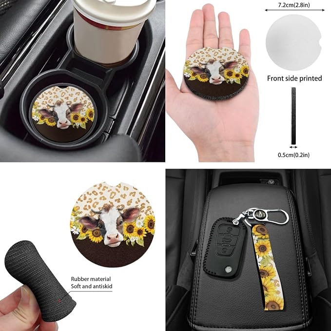 Cow Car Seat Cover for Front Rear Bench Seats+Brown Cowhide Sunflower Universal Fit Auto Steering Wheel Cover/Shoulder Seatbelt Pads/Keychain/Gear Shift Knob Handbreak Cover/Mirror Cover