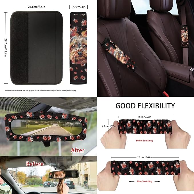 Suobstales Yorkshire Flower Print Car Accessories Set of 13, Car Front & Rear Seat Covers with Steering Wheel Cover, Seat Belt Pad, Trash Can, Rearview Mirror Cover, Coaster, Keychains