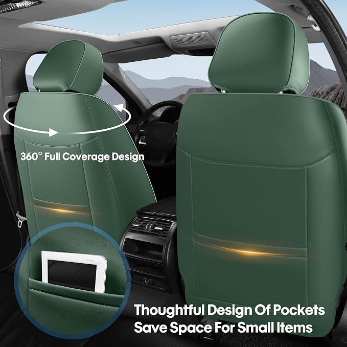 AOOG Seat Covers Custom Fit for Dodge Ram 1500/2500/3500 2002-2026 Faux Leather Seat Cover Set Compatible with Crew, Regular, Quad, Mega Cab, Waterproof Car Truck Cushions (Blackgreen, Front Seat)