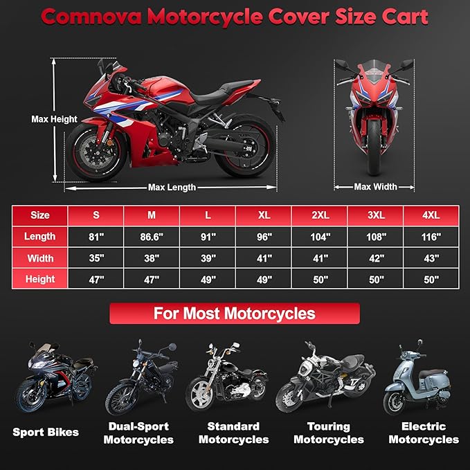 Comnova Motorcycle Cover 91 Inch - 600D Waterproof Outdoor Motorcycle Cover with Lock Hole, Powersports Vehicle Covers with All-Season Protection for Motorcycles