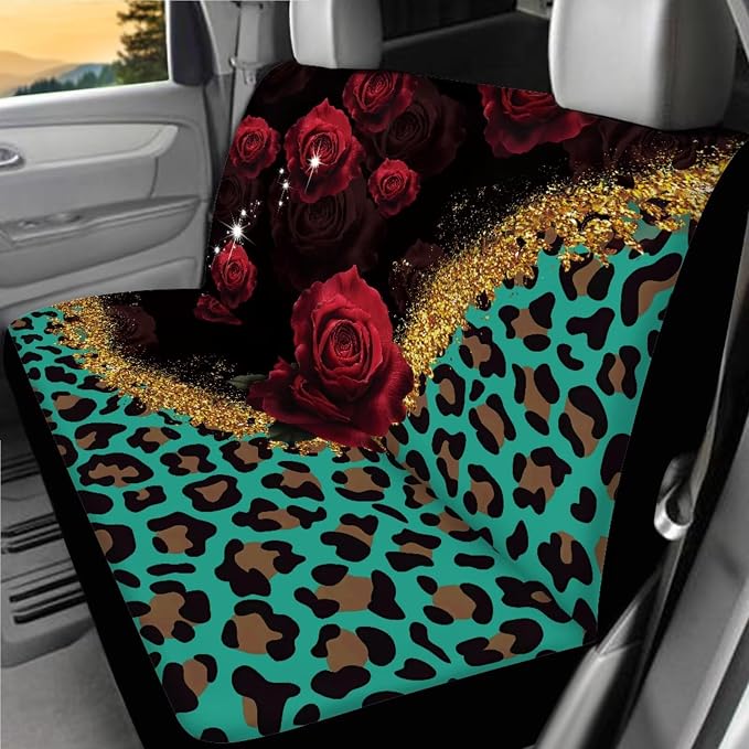 Rose Leopard Print Car Seat Covers Full Set 18 Pcs Universal Car Interior Accessories Set with Leopard Print Car Headrest Covers Seat Belt Pads Cover Funda Para Volante De Carro Universal Fit