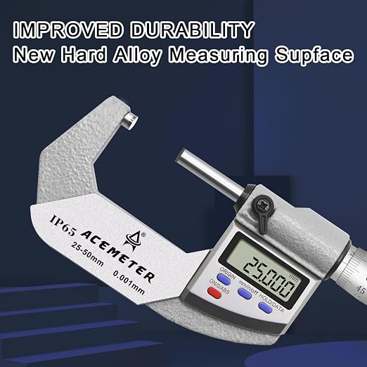 Digital Micrometer, Inch/Metric, Ratchet Stop, 1-2" (25-50mm) Range, 0.00005" (0.001mm) Resolution,Large Screen Digital Micrometer, Meets IP65 Specifications with Standard Ratchet Stop