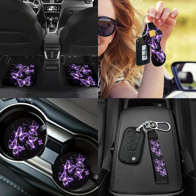 17Pcs Purple Butterfly Car Accessories Full Set for Women,Neon Butterfly Car Seat Covers Set for Front and Rear,Neon Butterflies Car Rubber Floor Mats Shoulder Pad Seat Belt Protector Set