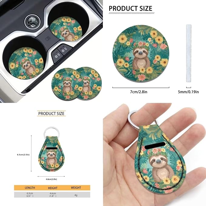 Suobstales Funny Sloth Print Car Seat Covers Full Set for Women Girly Floral Seat Cover Protector Auto Decorative with Steering Wheel Cover +Seat Belt Covers +Coasters +Keychains