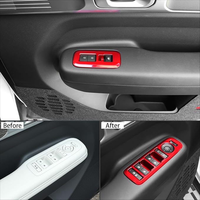 4Pcs Carbon Fiber Style Door Lock Glass Control Button Panel Cover Window Lift Switch Panel Trim Compatible with Hyundai Santa Fe 2024-2026 MX5 Accessories (Glossy Red Style)