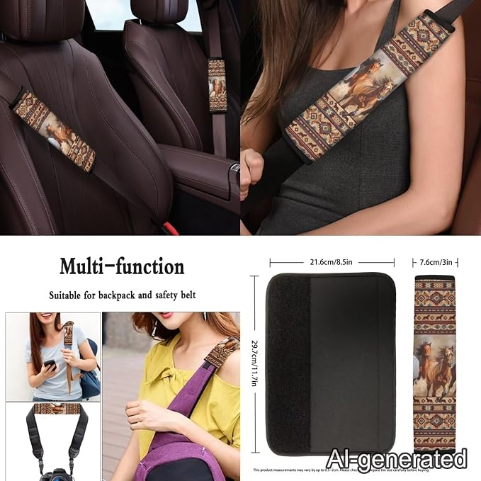 Tribal Horse Car Seat Covers Full Set 12 Pcs Car Steering Wheel Cover Center Console Cover Fashion Auto Seat Belt Covers Gear Lever Cover Fit for Most Cars, SUVs