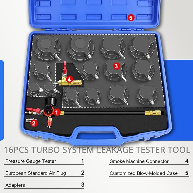 YSTOOL Turbo System Leakage Tester Kit 16Pcs Turbo Boost Leak Tester Set with 7 Pairs of Stepped Adapters (1-1/4" to 4") Air Pressure Gauge, for Radiators Cooling Emission Exhaust Pipes Testing