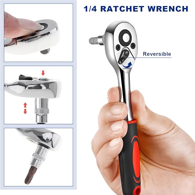 46PCS 1/4 Inch Car Repair Tool Set, Metric Socket Ratchet Wrench Set with Extension Bars & Bits, Quick-Release Ratchet Combination Tools Kit for Auto Repairing & Household