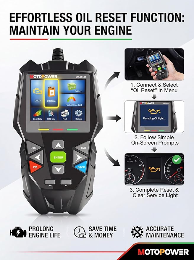 MOTOPOWER 4 in 1 Code Reader Car Diagnostic Scan Tool Oil Maintenance Reset, Battery Test, Performance Test with Lifetime Update
