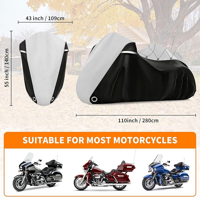 COVERVIN Motorcycle Cover with Side+Top Box Heavy Duty 420D Waterproof for Harley Davidson Ultra Ltd, Road Glide Ltd, Honda Gold Wing, Road Master, Indian, Indoor & Outdoor Storage (Black&Silver)