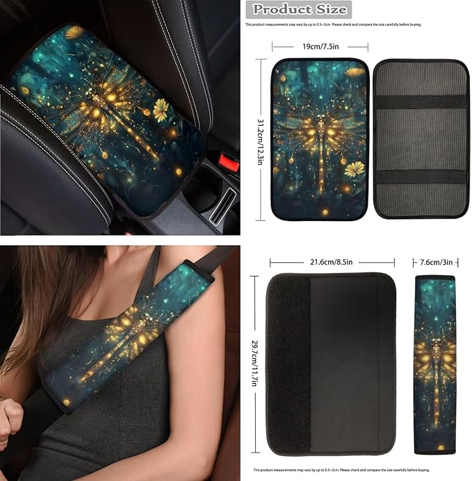 Green Dragonfly Car Seat Covers Full Set for Women,Turtle Steering Wheel Cover Seat Belt Cover Pad Cup Car Coasters Trash Can Car Headrest Pillow Covers Armrest Pad,15 Pcs Set