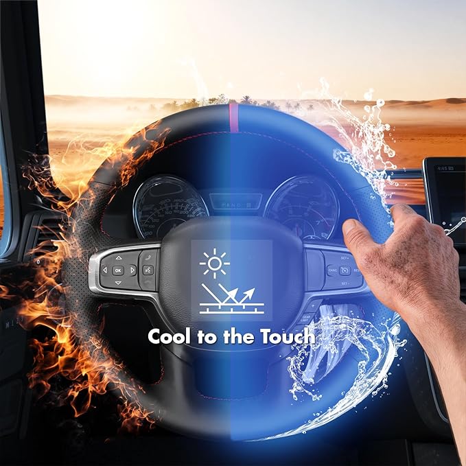 MEWANT Hand-Stitched Steering Wheel Cover Wrap for Dodge Ram 1500 2019-2023 Steering Wheel Accessories for Dodge Ram(Backsides Without Buttons)