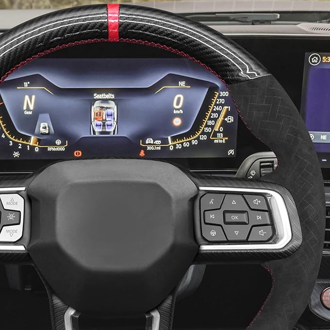 MEWANT Hand Stitch Black Shiny PU Carbon Fiber Woven Embossed Athsuede Steering Wheel Cover for Ford Mustang 2024