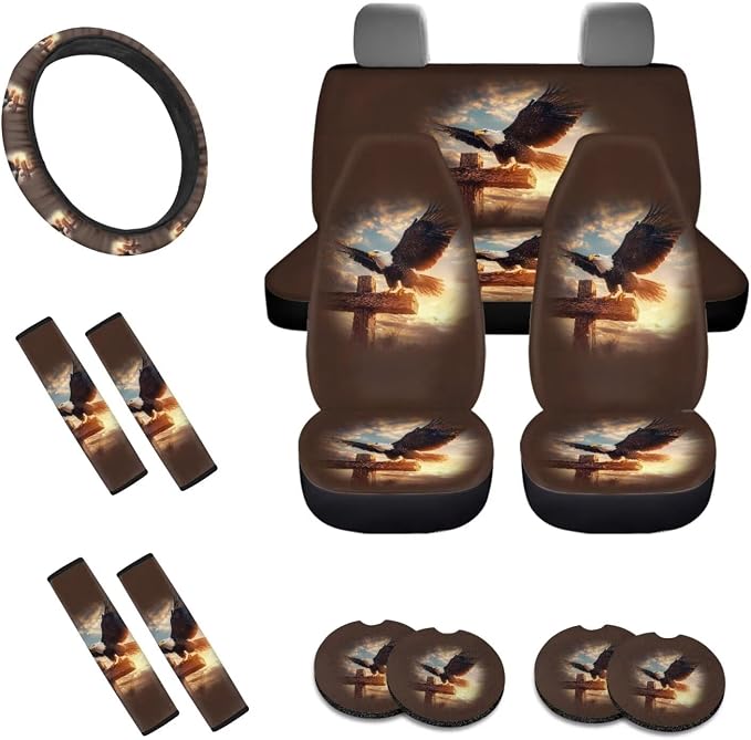 Eagle Cross Print Car Interior Accessories Set of 13, Car Front and Rear Seat Cover Full Set, Steering Wheel Cover, Soft Seat Belt Cover, Cup Holder Coasters Universal Fit for Most Cars