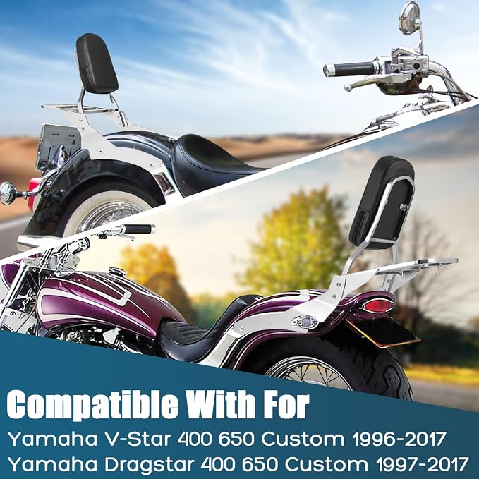 Passenger Backrest Sissy Bar with Luggage Rack Compatible with for 1996-2017 Yamaha Vstar 650 400 Custom 1997-2017 Dragstar 650 400 Custom Rear Sissy Bar Backrest