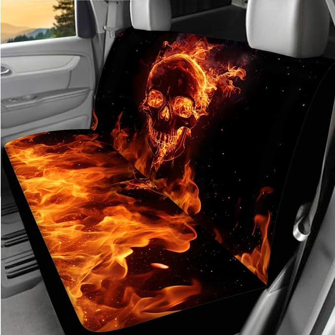 8 Pcs Flame Skull Print Car Interior Accessories, Car Seat Covers, Auto Steering Wheel Cover, Auto Center Console Pad, Seat Belt Pads, Universal Fit Cars SUVs Trucks