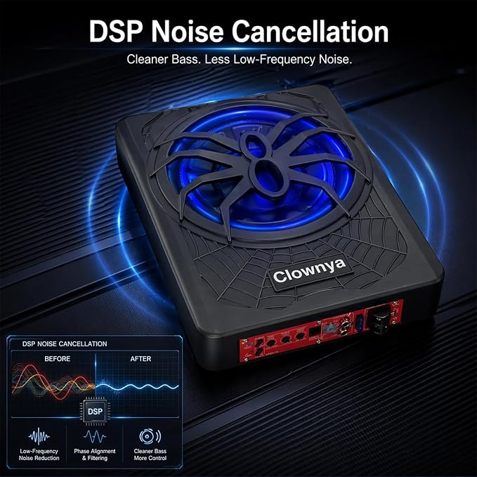 10" 1200W Car Subwooferr - Underseat Subwoofer with Built - in Amplifier, Aluminum Enclosure, High/Low Level Inputs, Blue LED Light and Wired Remote for Truck, SUV, car, Jeep and MPV