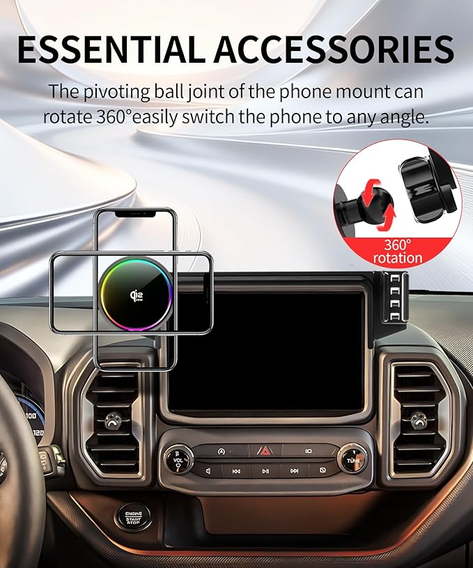 Qi2.2 25W Magnetic Car Mount Charger for Ford Bronco Sport 2021 2022 2023 2024 Accessories, for Fast Charging Cell Phone Holder 8 Inch Screen Fixed Clip with Cooling Fan＆54W Fast Adapter