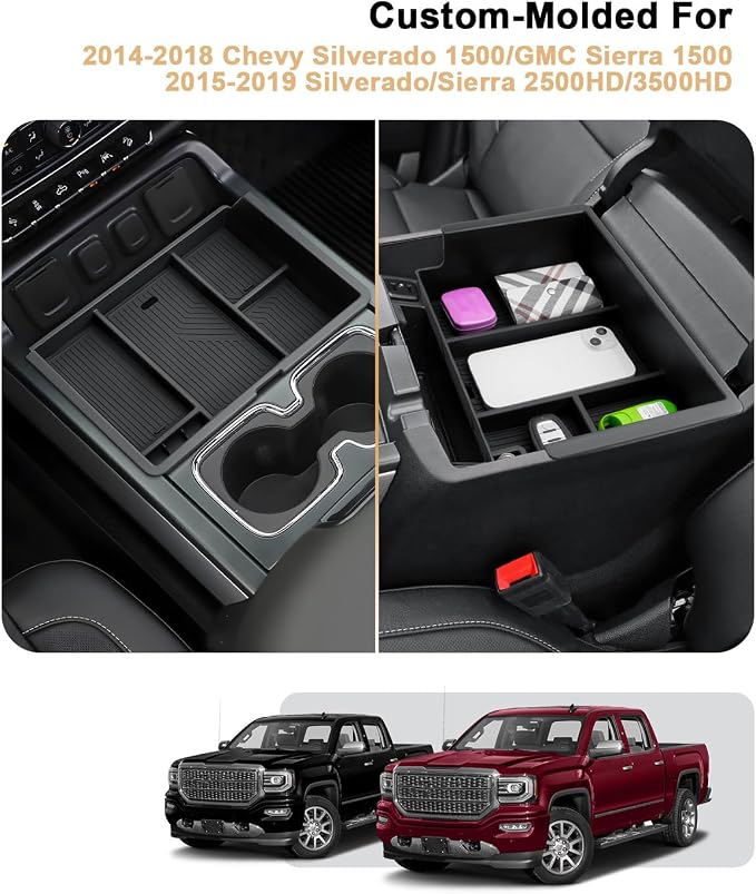 Center Console Organizer For 2014-2018 Silverado/Sierra 1500 - 2 Pcs Console Organizer Tray + Armrest Organizer 2015-2019 Silverado/Sierra 2500HD/3500HD Accessories - Full Console w/Bucket Seat ONLY