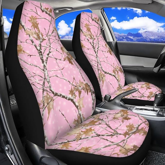 Pink Camo Hunting Car Accessories Set of 11 Car Front Seat Cover Steering Wheel Cover Seat Belt Pads Elastic Fabrics Gear Lever Cover Universal Fit Most Cars SUV
