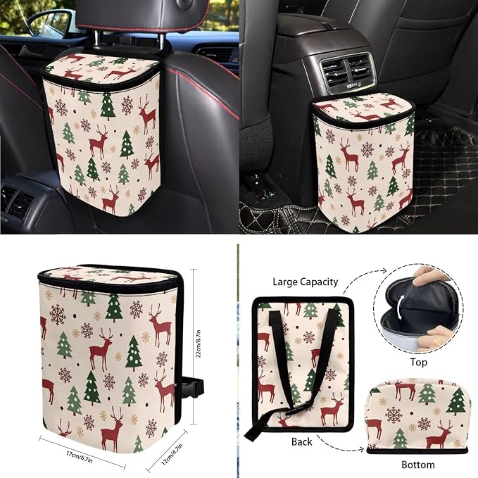 Deer Christmas Tree Pattern 10 Pack Car Seat Cover Set, 4 Front Rear Seat Covers, 1 Steering Wheel Cover, 1 Hanging Car Trash Can, 1 Air Vent Pouch, 2 Coasters, 1 Keychain Christmas Decor