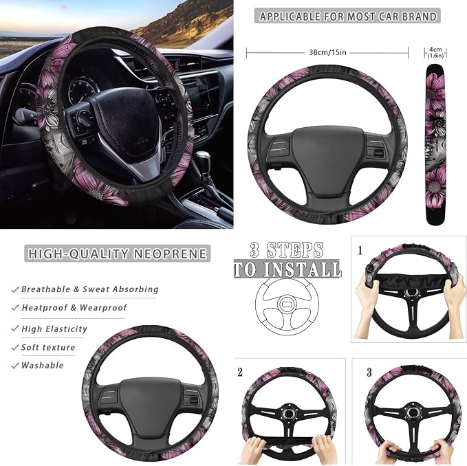 Howilath Purple Flower Skull Auto Front Seats Protector with Center Console Cover+Steering Wheel Cover+Seatbelt Pads+Keychain+Coasters Car Accessories Set of 10