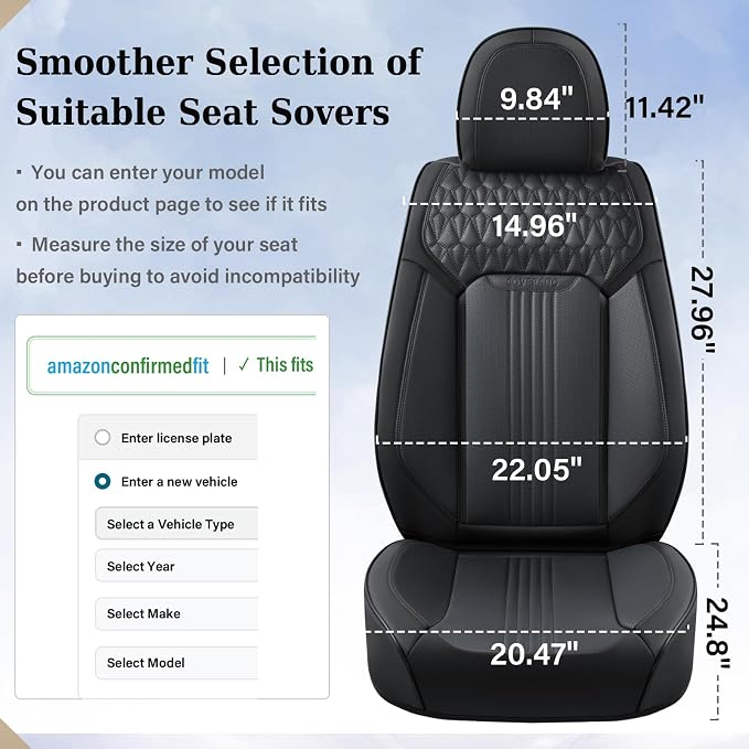 Coverado Seat Covers Full Set, Leather Car Seat Cover, Waterproof Car Seat Protector, Automotive Seat Covers Car Seat Cushion Universal Fit for Most Cars, Black