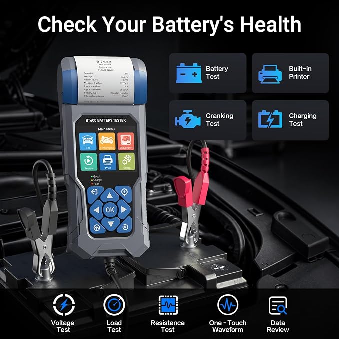 Car Battery Tester with Printer VDIAGTOOL BT600, 6V 12V 24V Automotive Load Tester for Lead-Acid & Lithium, Auto Alternator Starter Charging System Analyzer for Car Truck Motorcycle (3 Paper Rolls)