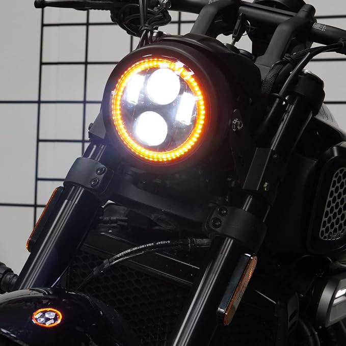 5.75inch 5-3/4 Black Motorcycle Headlight Smoked Amber Halo DRL with Matte Black Housing Bucket 32-40mm Fork Tube Side Mount Brackets Compatible with Motorbikes