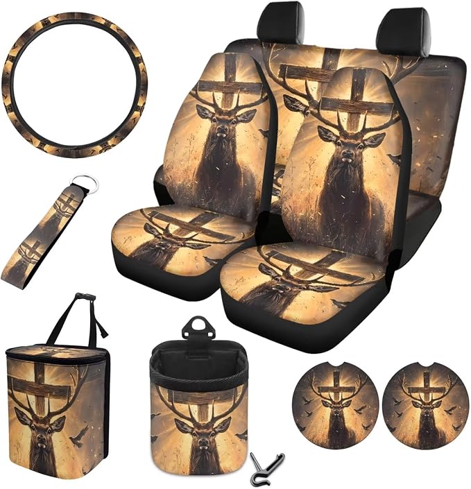 Deer Cross Dove Pattern Auto Seat Covers Full Set 10pcs Accessories for Auto Steering Wheel Cover Cup Coasters Keychain Car Trash Can Air Vent Storage Pounch for Women Men
