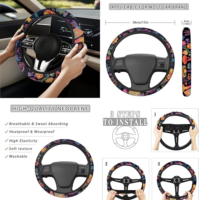 15 Pcs Cute Mushroom Car Seat Cover Full Set for Women with Car Steering Wheel Cover Seat Belt Cover Trash Bin Front Rear View Mirror Car Cup Holder Keychain