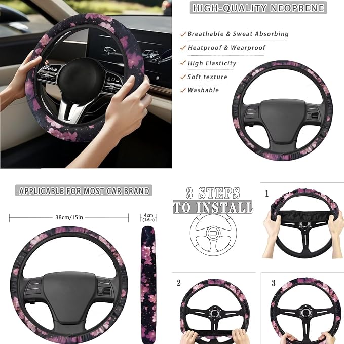 Purple Floral Moon Raven Car Seat Covers Full Set for Women Floral Car Accessories Steering Wheel Cover Seatbelt Pad Coasters Trash Can Car Headrest Pillow Covers Armrest Pad
