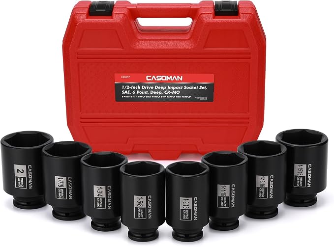 CASOMAN 8PCS 1/2"Dr. Deep Impact Socket Set-SAE, 1-9/16" to 2", 6-Point, Spindle Axle Nut Impact Socket Set, CR-MO, Impact Grade