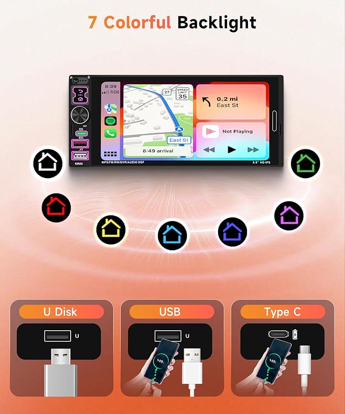 Car Stereo Single Din Wired Carplay Android Auto Car Radio with Bluetooth 5.2, Rimoody 6.9 inch Touch Screen Mirror Link FM/EQ USB-2/Type-C/SWC/MIC Car Audio Receiver with Backup Camera