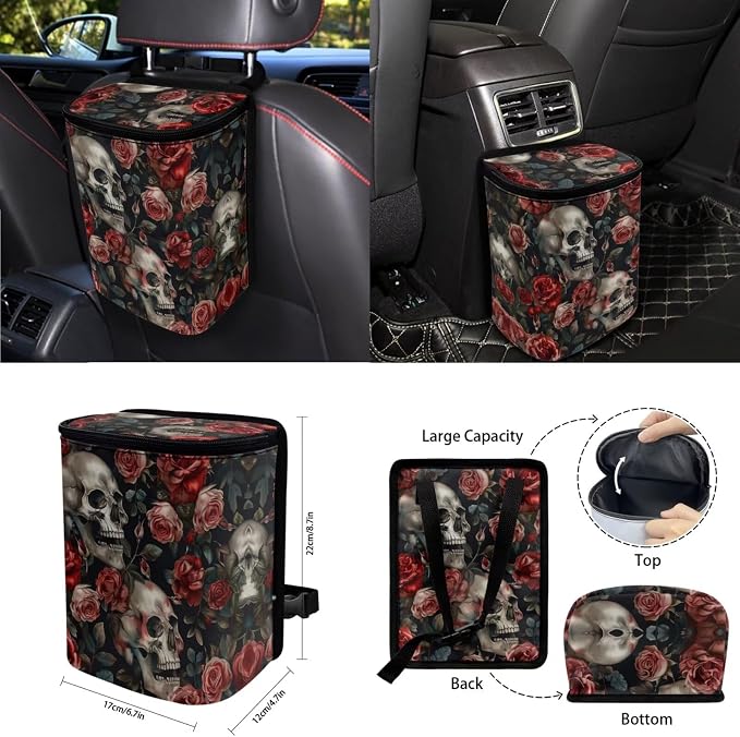 Rose Skull Car Seat Covers Full Set for Women Floral Car Accessories Steering Wheel Cover Seatbelt Pad Coasters Trash Can Car Headrest Pillow Covers Armrest Pad
