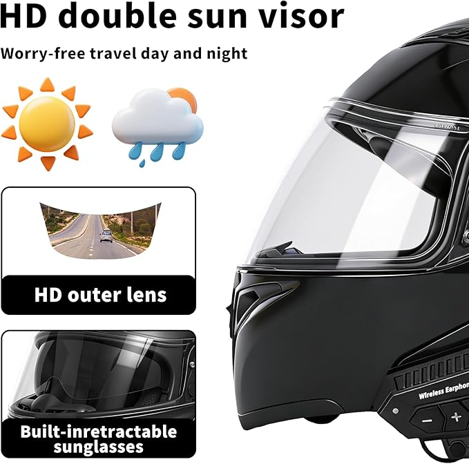 Motorcycle Bluetooth Modular Helmet, DOT FMVSS-218 Approved Flip Up Full Face Motorcycle Dual Visor Helmet, with Dual Speakers and Microphone, for Adults Men and Women
