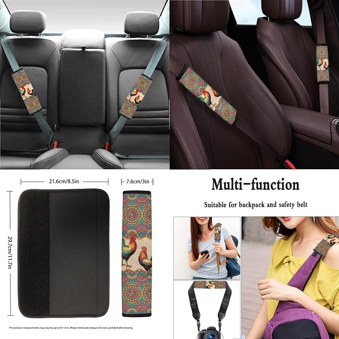 Xoenoiee Chicken Boho Mandala Print 11 Pieces Car Seat Covers Interior Accessories Set Universal Fit with Steering Wheel Cover, Seat Belt Pads, Keychain, Cup Coasters