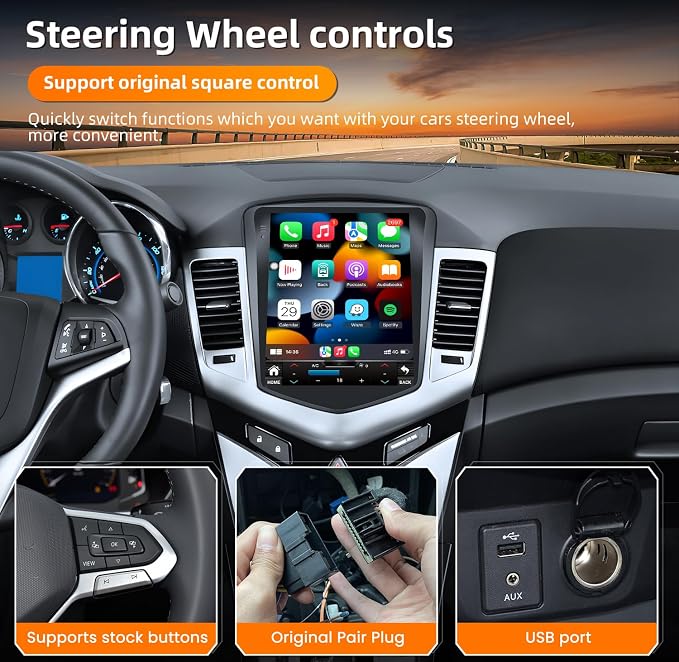 8 Core+4G RAM Android 13 Car Radio for Chevrolet Chevy Cruze 2009-2015: 10.4 Inch Touch Screen Tesla Style Stereo with CarPlay Android Auto 5G WiFi GPS Bluetooth FM/RDS SWC Backup Camera +Mic