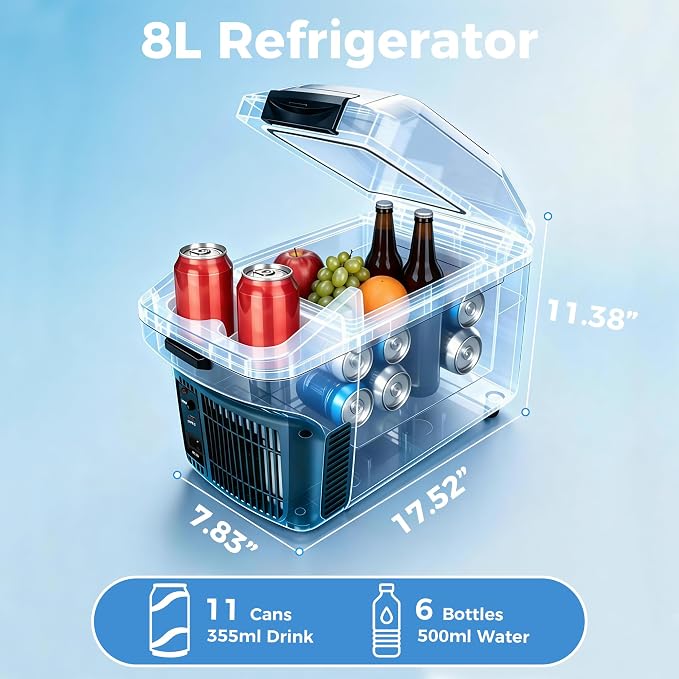 Iceblue Electric Cooler with Type-C, 8 Liter /11 Cans Mini Fridge with Belt, 9V Type-C Thermoelectric Dual-use Car Refrigerator, Car Fridge for Car, Dorm, Travel, Picnic, Gift (Blue)