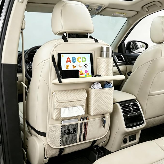 Premium PU Leather Car Seat Back Organizer with Foldable Tray & Transparent Touch Screen Tablet Pouch, Travel Accessories with Storage Bin, Cup Holder, Tissue Pocket, Hook, Fit SUV Sedan Truck (Beige)