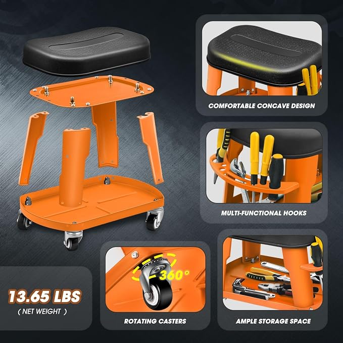 DNA Motoring Removable Rolling Garage Stool with Seat Cushion & Tool Tray Plate, 300lbs Max Weight Capacity, Orange, TOOLS-00479-OG