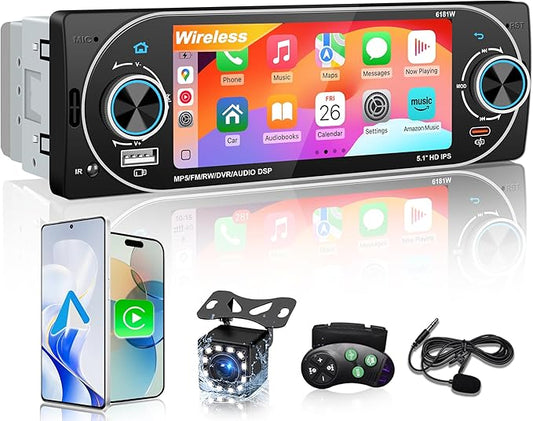 5.1" Single Din Car Stereo Wireless Apple CarPlay Android Auto, IPS Touchscreen Car Radio Bluetooth 5.2, FM/AM/RDS, USB Type-C Fast Charging, 4×45W Car Audio, Backup Camera, Fits Most Single DIN Cars