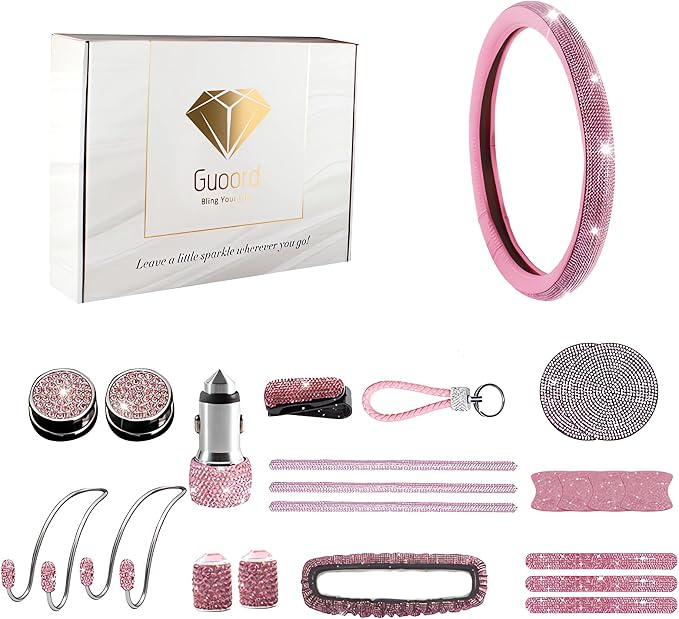 Guoord 33-Piece Bling Car Accessories Set for Women - Rhinestone Steering Wheel Cover, Diamond Door Stickers, Auto Hooks, Vent Outlet Trim, Tire Valve Stem Caps, and Cup Holders (Pink)