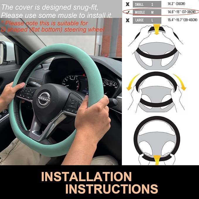 PINCTROT D Shaped Nappa Leather Steering Wheel Cover, Slim Fit No Bulk Design, One Piece Leather with Breathable Perforation, Fit Like Gloves, Flat Bottom 14.5-15 Inch(Nappa Mint)