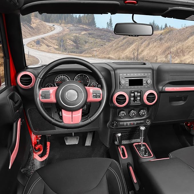 RAZPOY JK 18PCS Interior Trim Kit, Steering Wheel Trim & Gear Shift Cover Air Conditioning Vent Trim Compatible with 2011-2017 Jeep Wrangler JK 4-Door, Pink