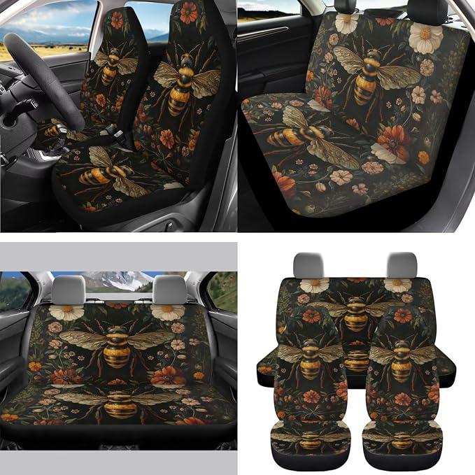 Floral Bee Seat Covers for Cars Full Set 15 Pcs Seat Covers Front and Back with Steering Wheel Cover Seatbelt Pad Coasters Trash Can Car Headrest Pillow Covers Armrest Pad