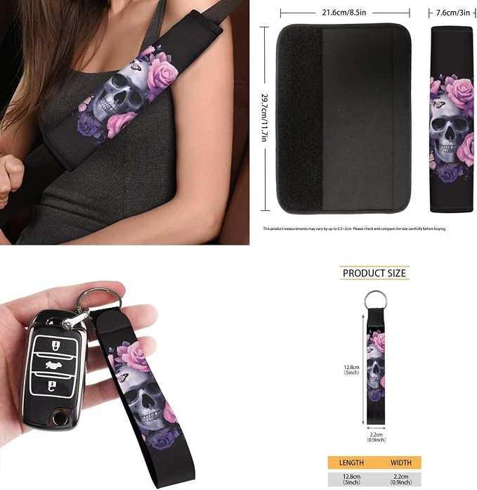 15 Pcs Pink Rose Skull Auto Interior Accessories Car Seat Covers with Auto Steering Wheel Cover Seat Belt Covers Car Trash Can View Mirror Cover Coaster Keychains