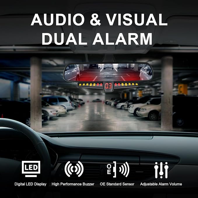 Promata PS02 Car Rear Parking Sensor Kit with Buzzer,4 58KHz OE Standard Sensors,Auto Tow-Bar Recognition and Self Test Function,Detection Range(0~59 inch)