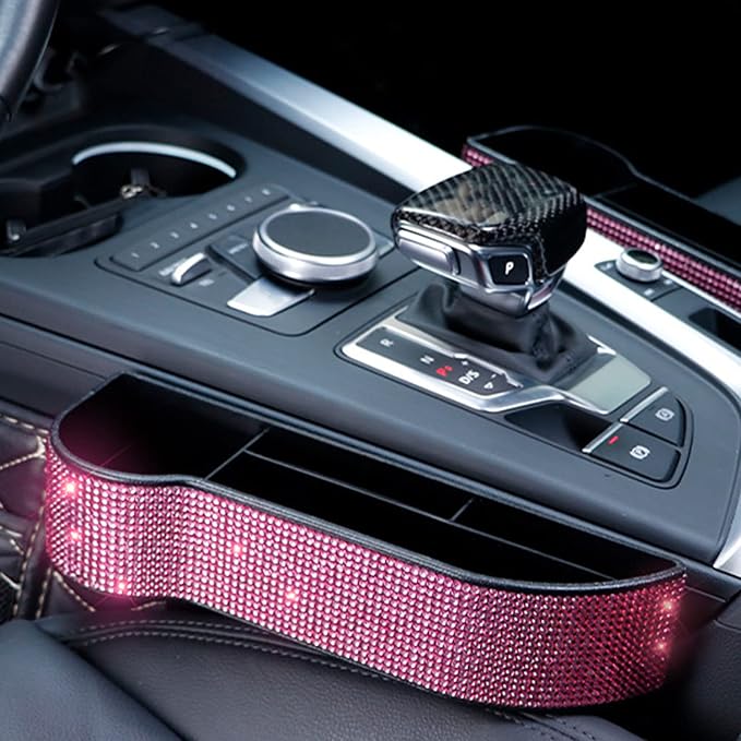 Bling Bling Car Seat Organizer Front Seat Gap Filler with Crystal Rhinestones Diamond, PU Leather Car Seat Console Storage Organizer for Car Accessories (2 Pack Pink)